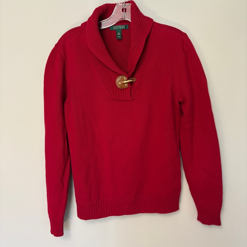 Lauren Ralph Lauren Horsebit Buckle Sweater Shawl Collar Red Cotton Sz L
